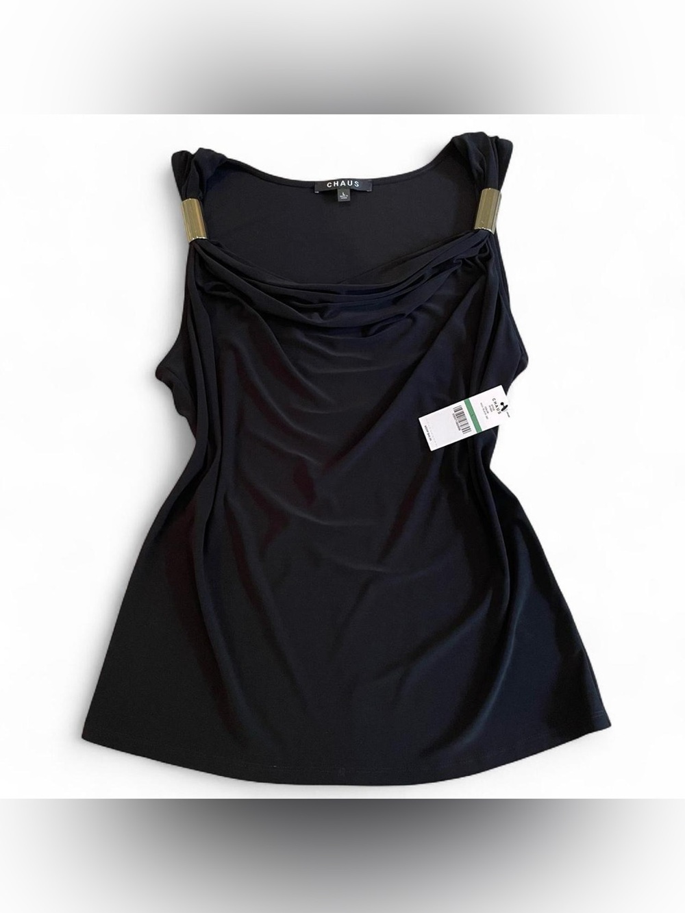 Chaus Black Sleeveless Cowl Neck Tank with silver Shoulder Detail size large NWT